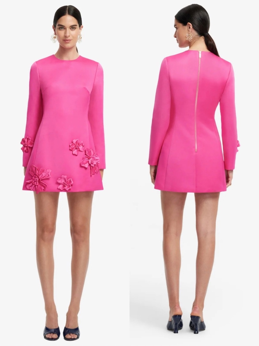 NWT Leo Lin Aliza Long Sleeve Mini Dress Hot Pink Floral Appliqué 6 Feminine